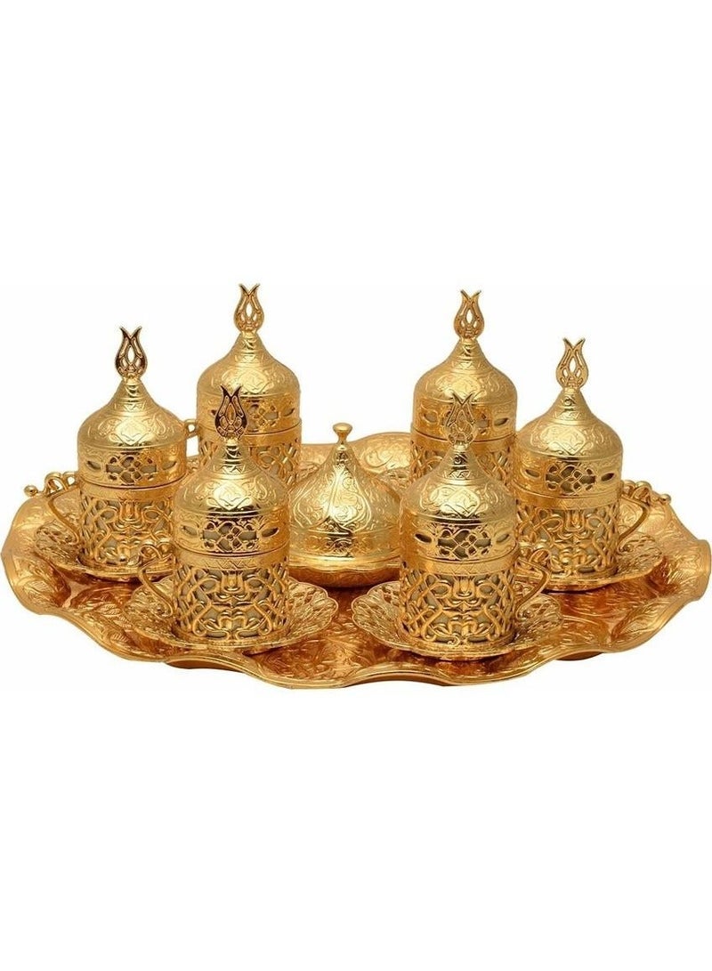 Acar Turkish Greek Arabic Coffee Serving Set for Six – Includes Porcelain Cups, Copper Saucers, Cup Holders, Lids, Sugar Bowl with Lid, and Copper Tray – Antique Gold Finish, Crafted in Türkiye - Image 2